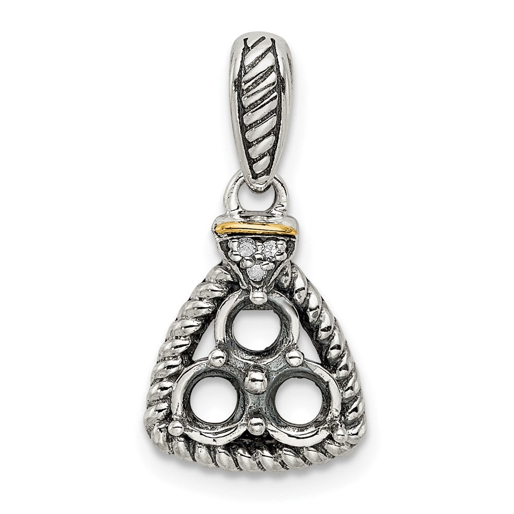 Sterling Silver Antiqued w/14k 3-stone w/Diamond Mothers Pendant Semi-Mount - 10