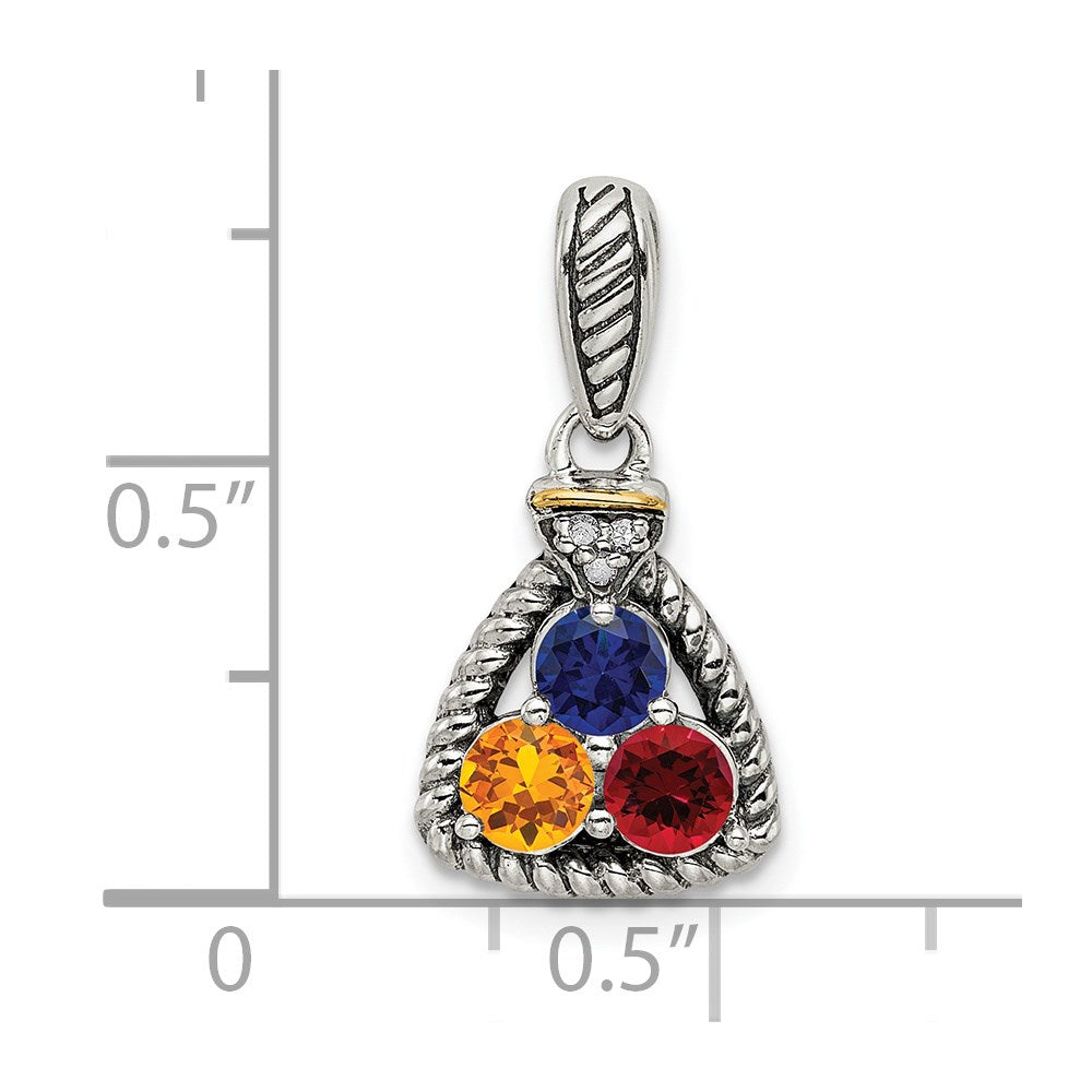 Sterling Silver Antiqued w/14k 3-stone w/Diamond Mothers Pendant Semi-Mount - 10