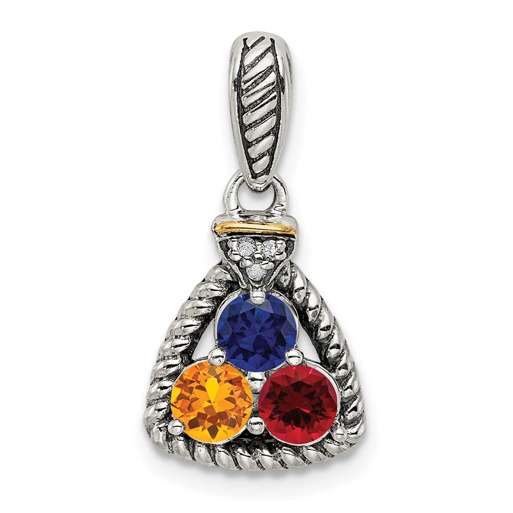 Sterling Silver Antiqued w/14k 3-stone w/Diamond Mothers Pendant Semi-Mount - 10