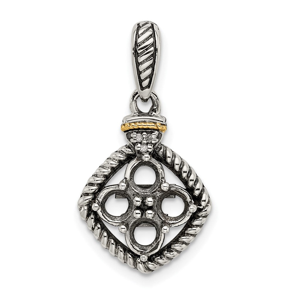 Sterling Silver Antiqued w/14k 4-stone w/Diamond Mothers Pendant Semi-Mount - 12