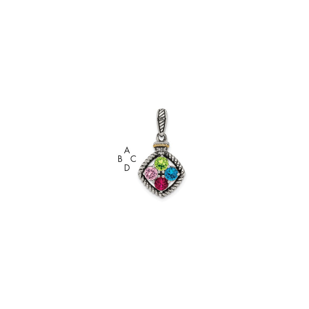 Sterling Silver Antiqued w/14k 4-stone w/Diamond Mother's Pendant - 12