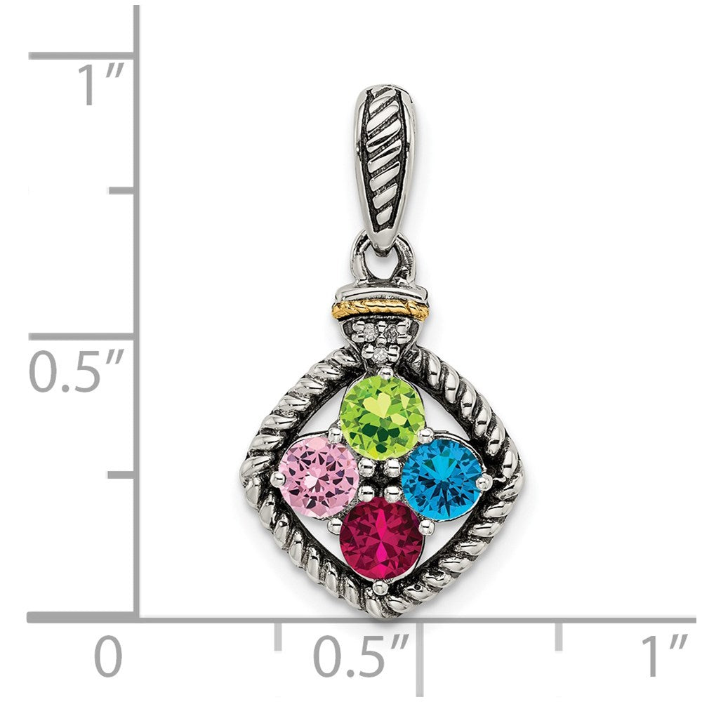 Sterling Silver Antiqued w/14k 4-stone w/Diamond Mother's Pendant - 12