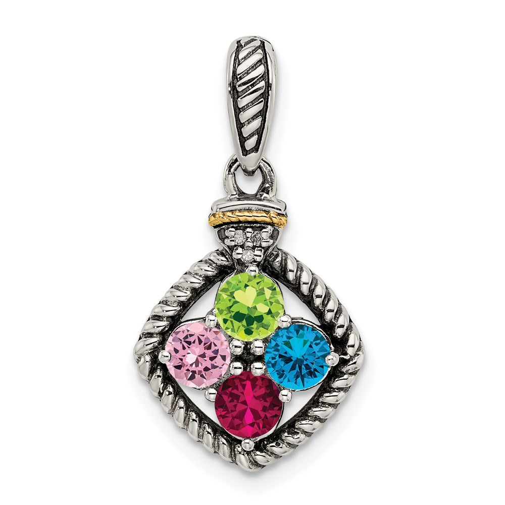 Sterling Silver Antiqued w/14k 4-stone w/Diamond Mother's Pendant - 12