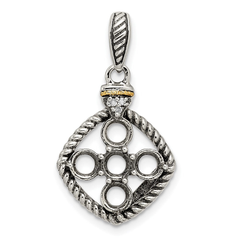 Sterling Silver Antiqued w/14k 5-stone w/Diamond Mothers Pendant Semi-Mount - 11
