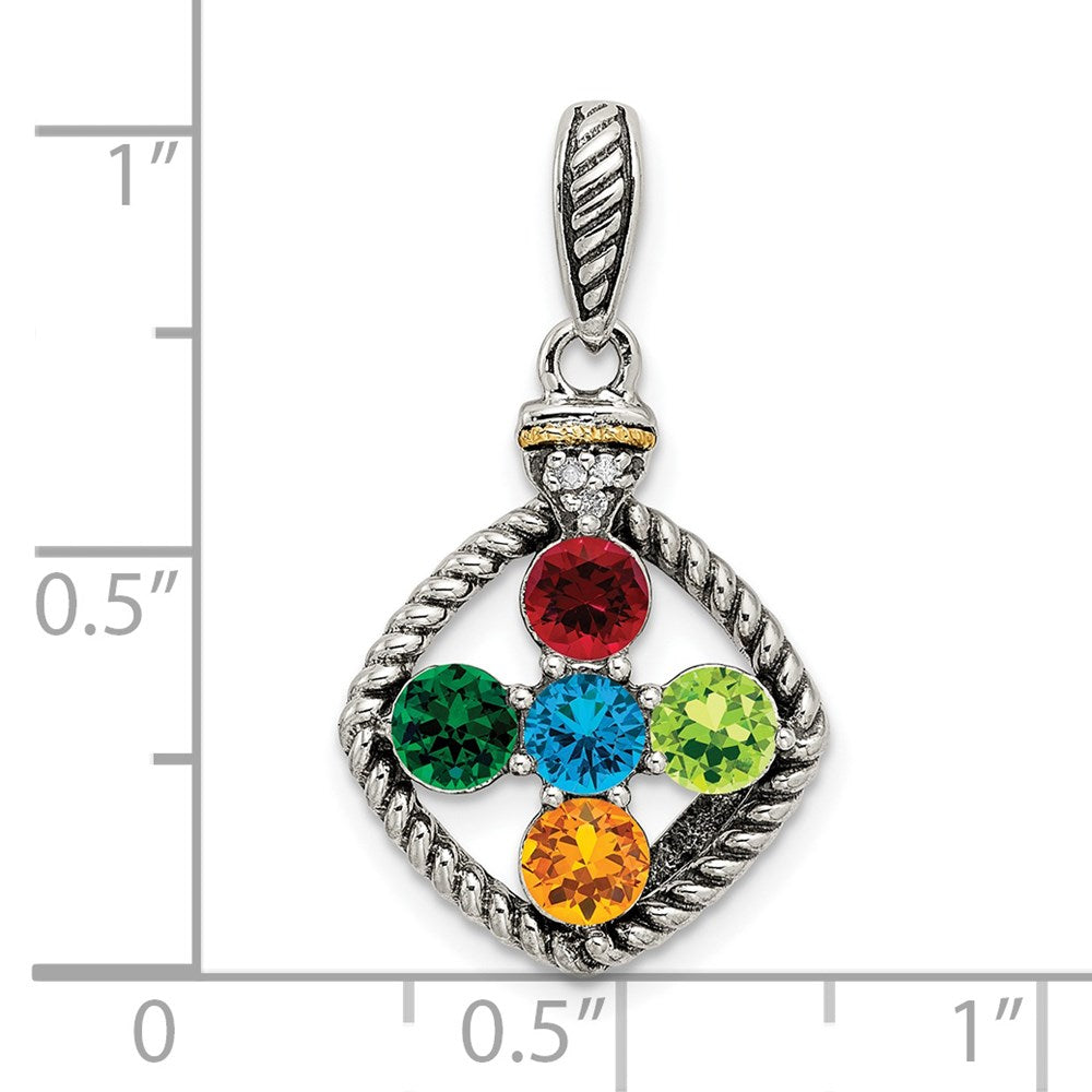 Sterling Silver Antiqued w/14k 5-stone w/Diamond Mothers Pendant Semi-Mount - 11