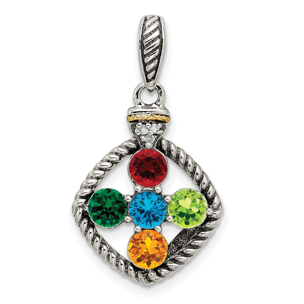 Sterling Silver Antiqued w/14k 5-stone w/Diamond Mothers Pendant Semi-Mount - 11