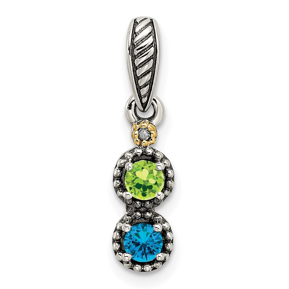 Sterling Silver Antiqued w/14k 2-stone w/Diamond Mother's Pendant - 2