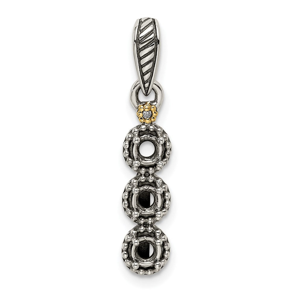 Sterling Silver Antiqued w/14k 3-stone w/Diamond Mother's Pendant - 11