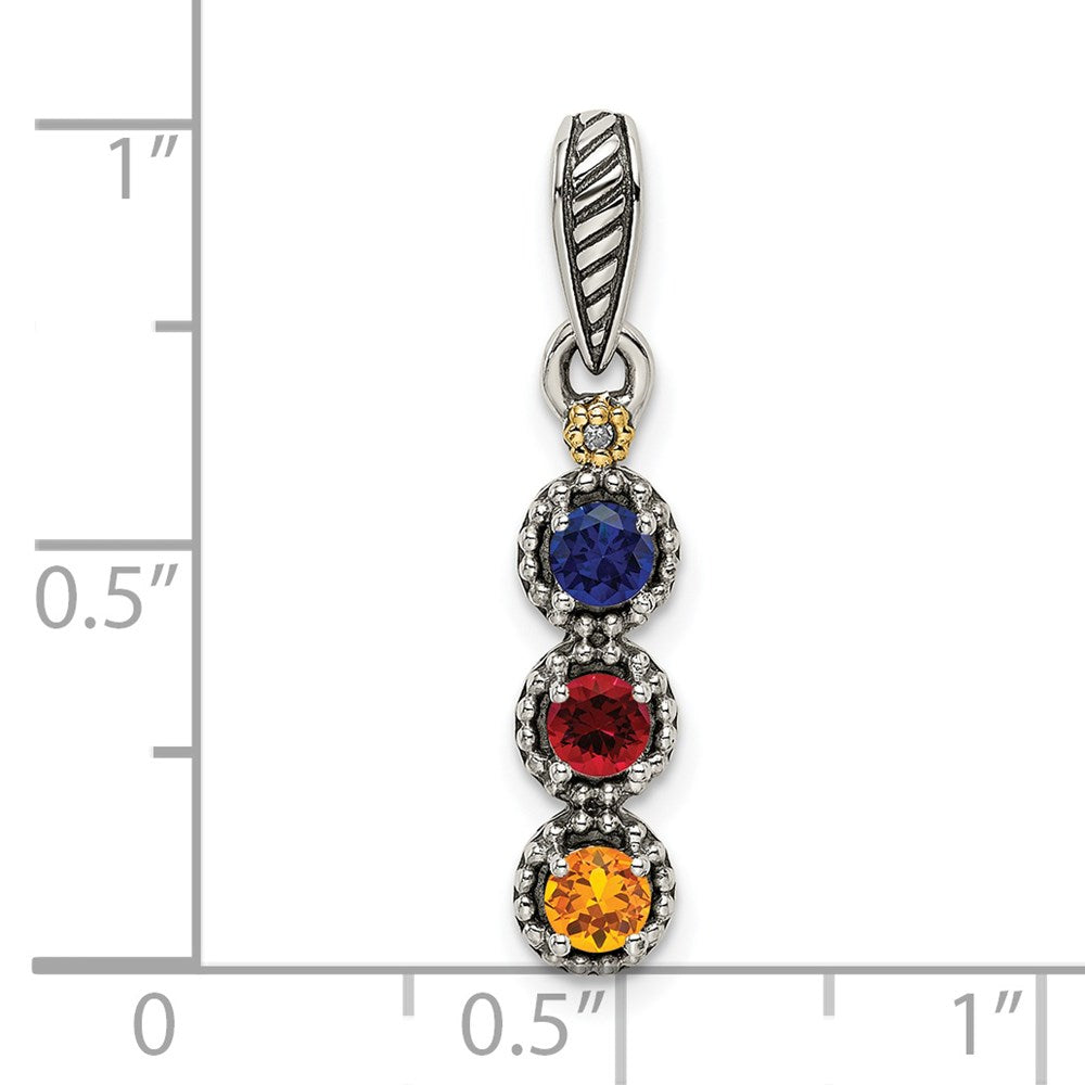 Sterling Silver Antiqued w/14k 3-stone w/Diamond Mother's Pendant - 11