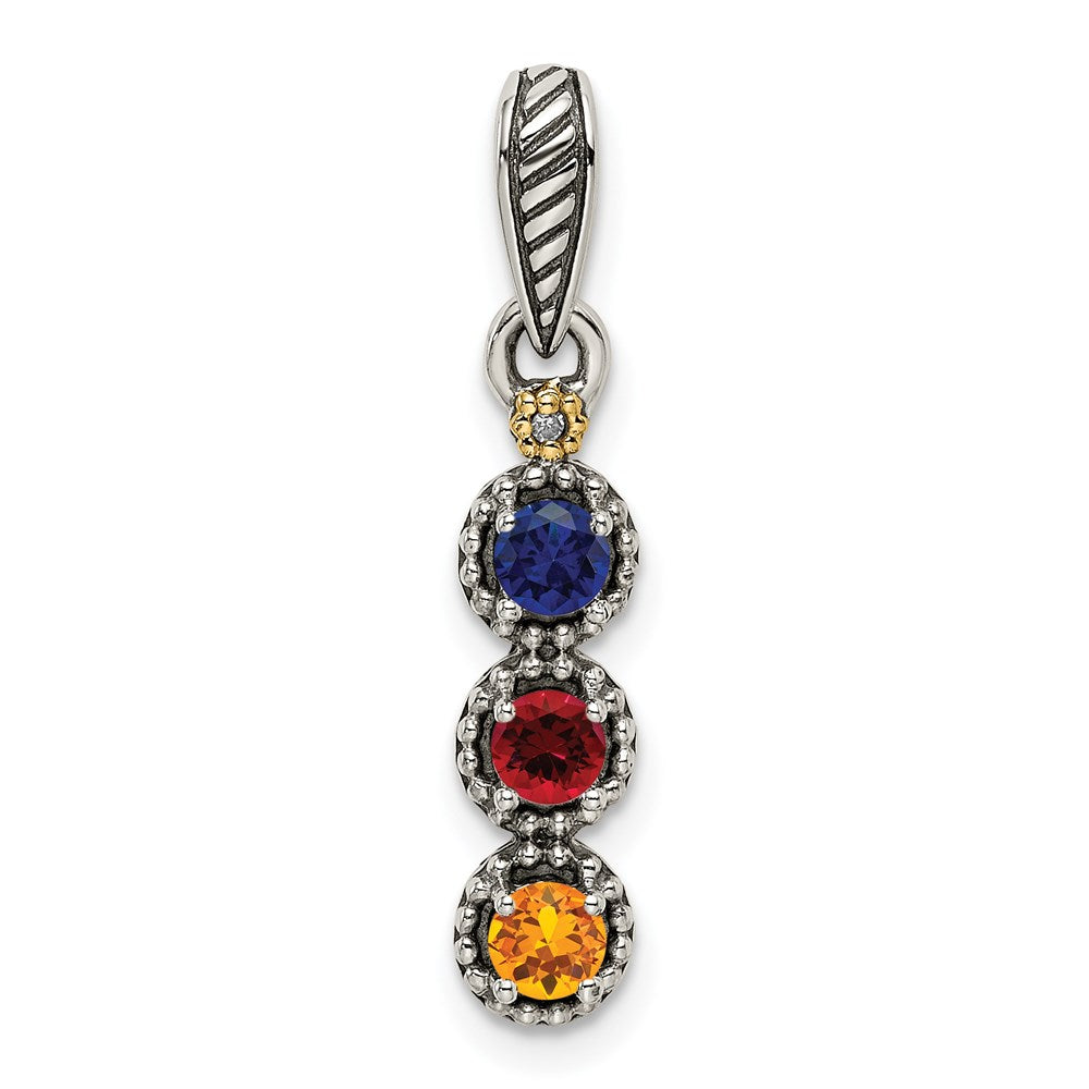 Sterling Silver Antiqued w/14k 3-stone w/Diamond Mother's Pendant - 11