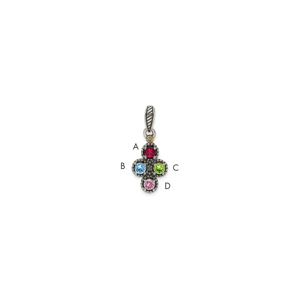 Sterling Silver Antiqued w/14k 4-stone w/Diamond Mother's Pendant - 4