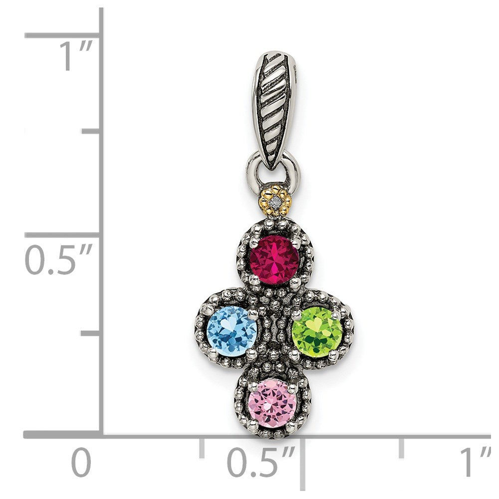 Sterling Silver Antiqued w/14k 4-stone w/Diamond Mother's Pendant - 4