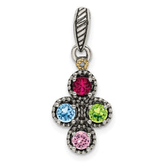 Sterling Silver Antiqued w/14k 4-stone w/Diamond Mother's Pendant - 4