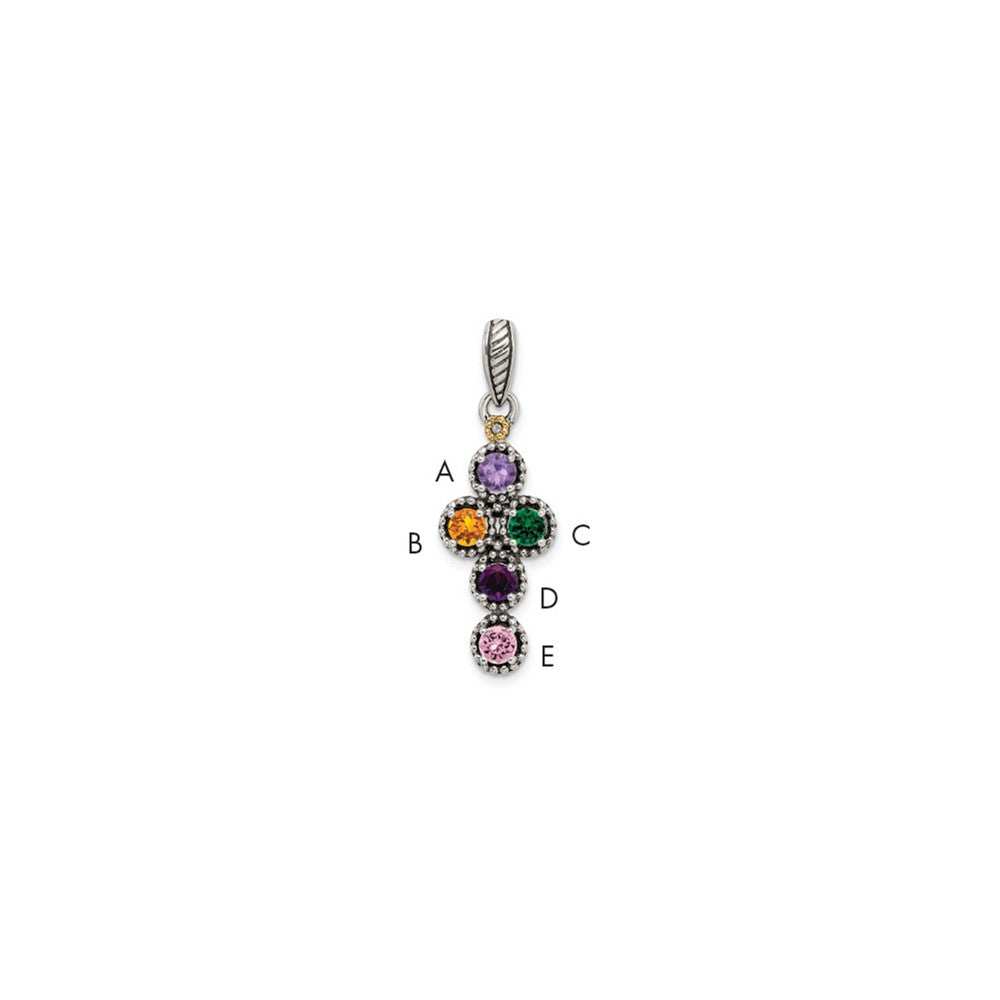 Sterling Silver Antiqued w/14k 5-stone w/Diamond Mother's Pendant - 9