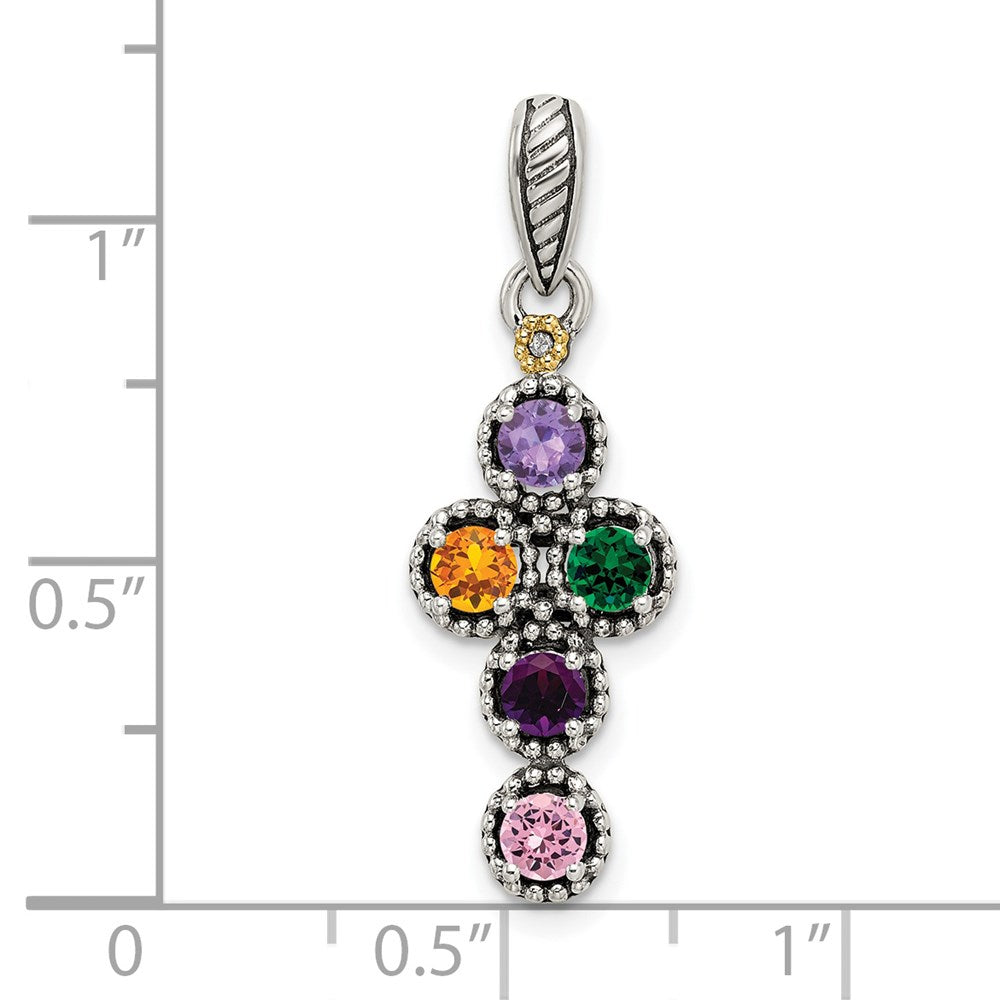 Sterling Silver Antiqued w/14k 5-stone w/Diamond Mother's Pendant - 9