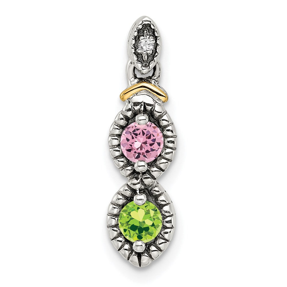 Sterling Silver Antiqued w/14k 2-stone w/Diamond Mother's Pendant - 5