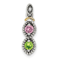 Sterling Silver Antiqued w/14k 2-stone w/Diamond Mother's Pendant - 5