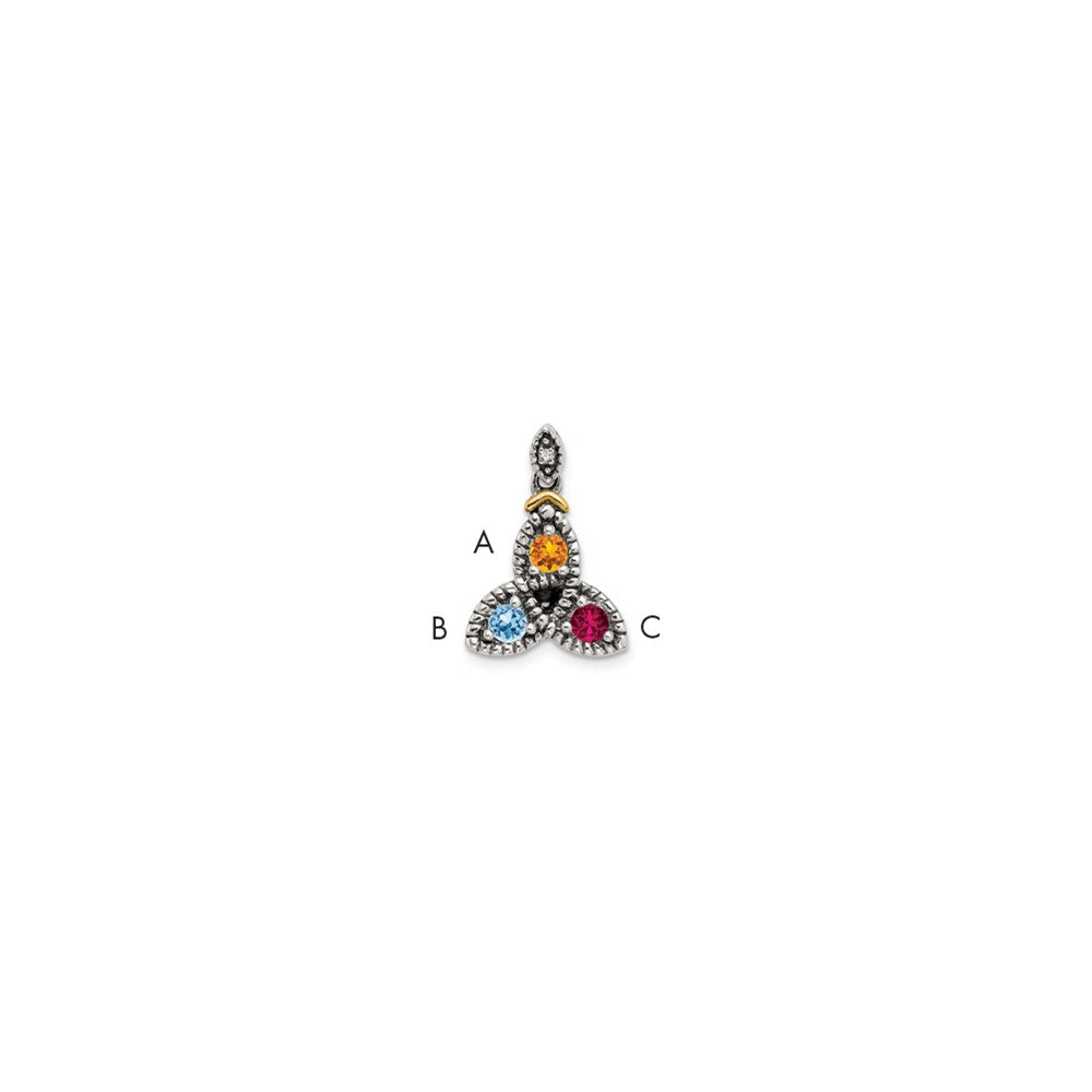 Sterling Silver Antiqued w/14k 3-stone w/Diamond Mother's Pendant - 7