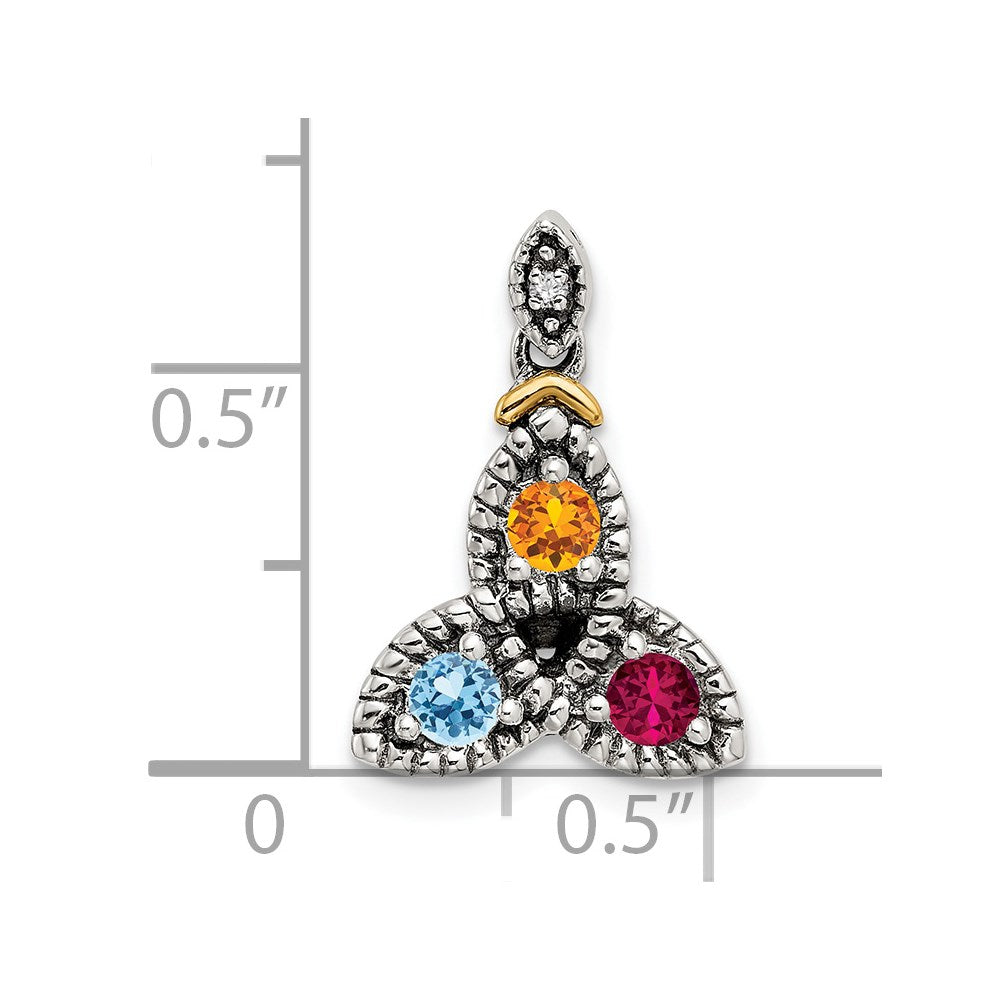 Sterling Silver Antiqued w/14k 3-stone w/Diamond Mother's Pendant - 7