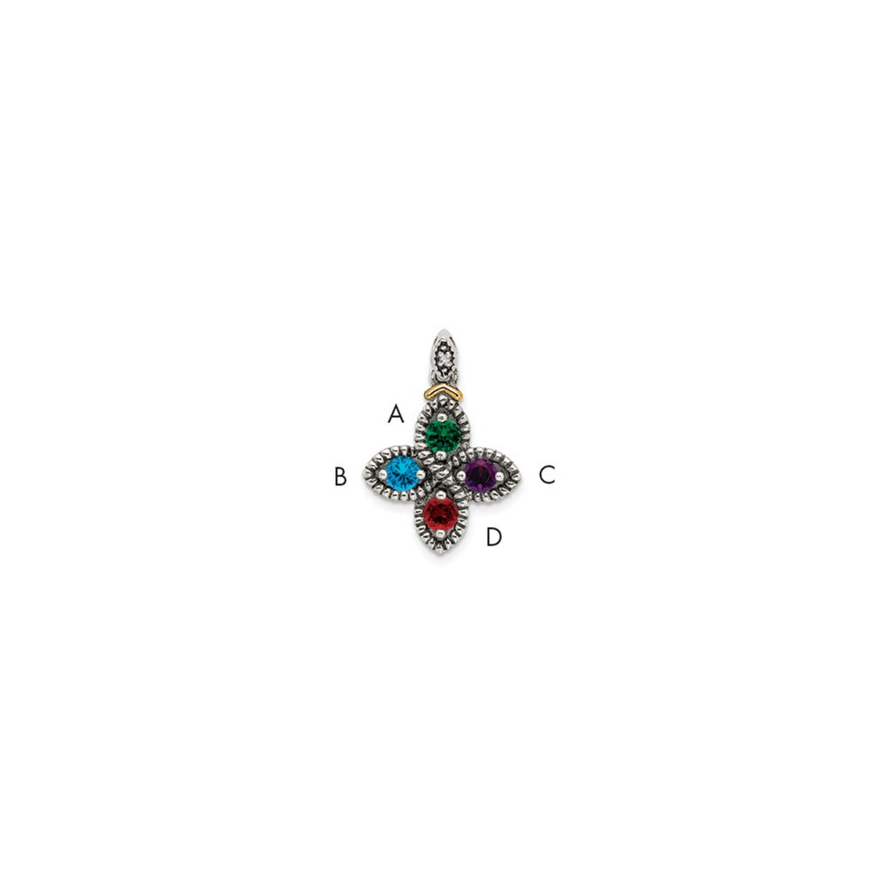 Sterling Silver Antiqued w/14k 4-stone w/Diamond Mother's Pendant - 6