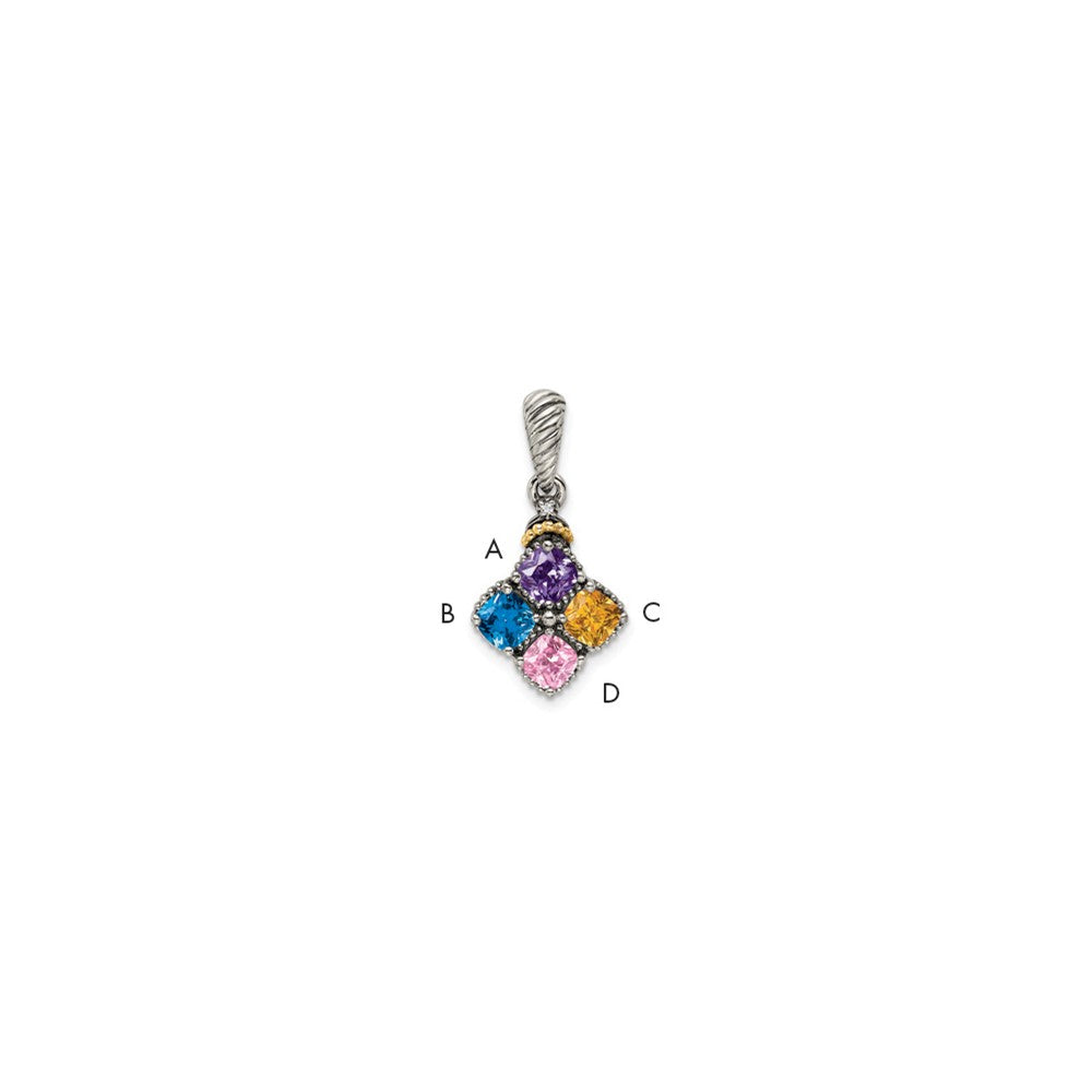 Sterling Silver Antiqued w/14k 4-stone w/Diamond Mother's Pendant