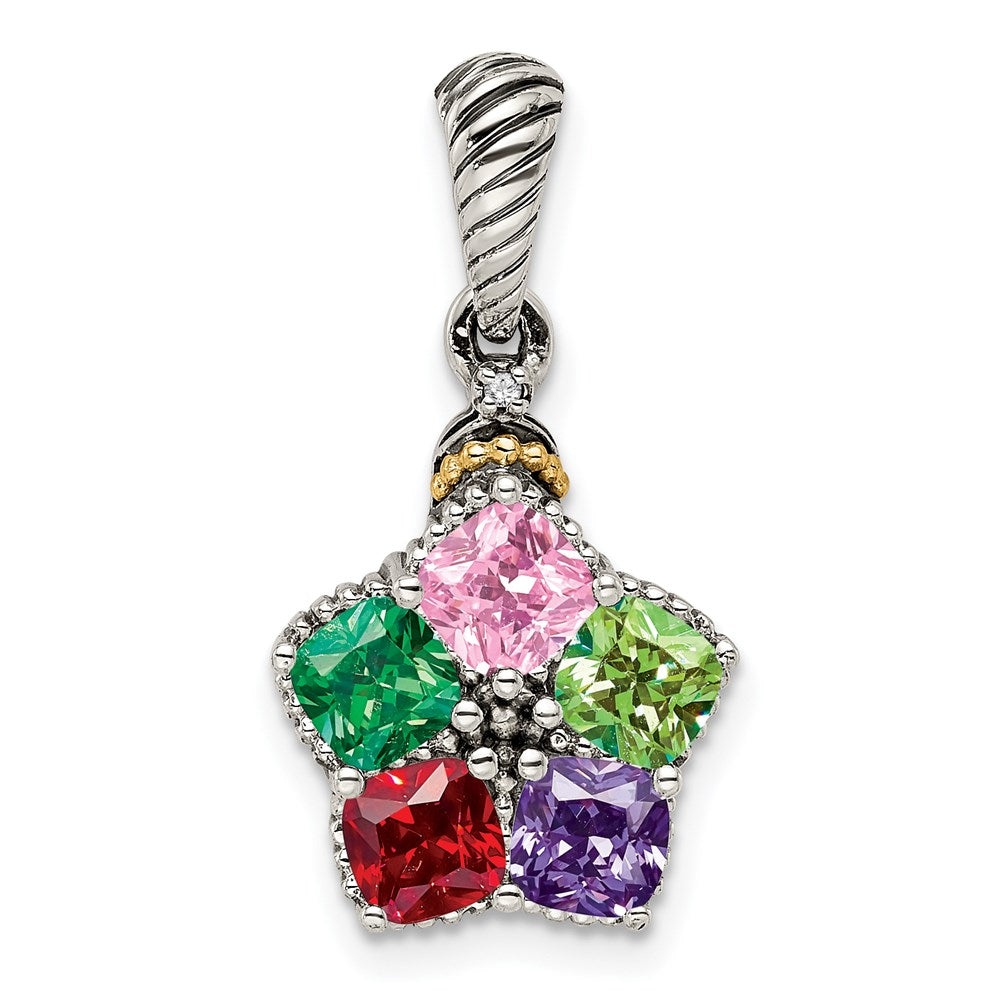 Sterling Silver Antiqued w/14k 5-stone w/Diamond Mothers Pendant Semi-Mount - 9