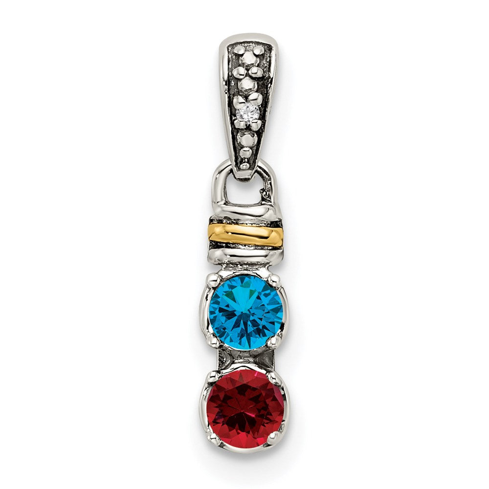 Sterling Silver Antiqued w/14k 2-stone w/Diamond Mother's Pendant - 8