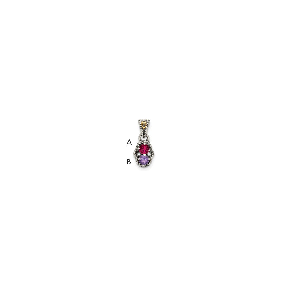 Sterling Silver Antiqued w/14k 2-stone w/Diamond Mother's Pendant - 9