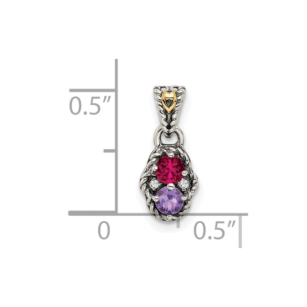 Sterling Silver Antiqued w/14k 2-stone w/Diamond Mother's Pendant - 9