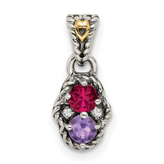 Sterling Silver Antiqued w/14k 2-stone w/Diamond Mother's Pendant - 9