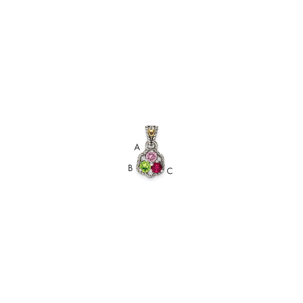 Sterling Silver Antiqued w/14k 3-stone w/Diamond Mother's Pendant - 2