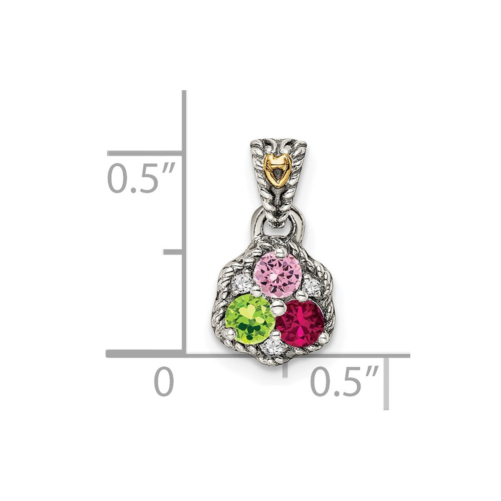 Sterling Silver Antiqued w/14k 3-stone w/Diamond Mother's Pendant - 2