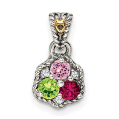 Sterling Silver Antiqued w/14k 3-stone w/Diamond Mother's Pendant - 2