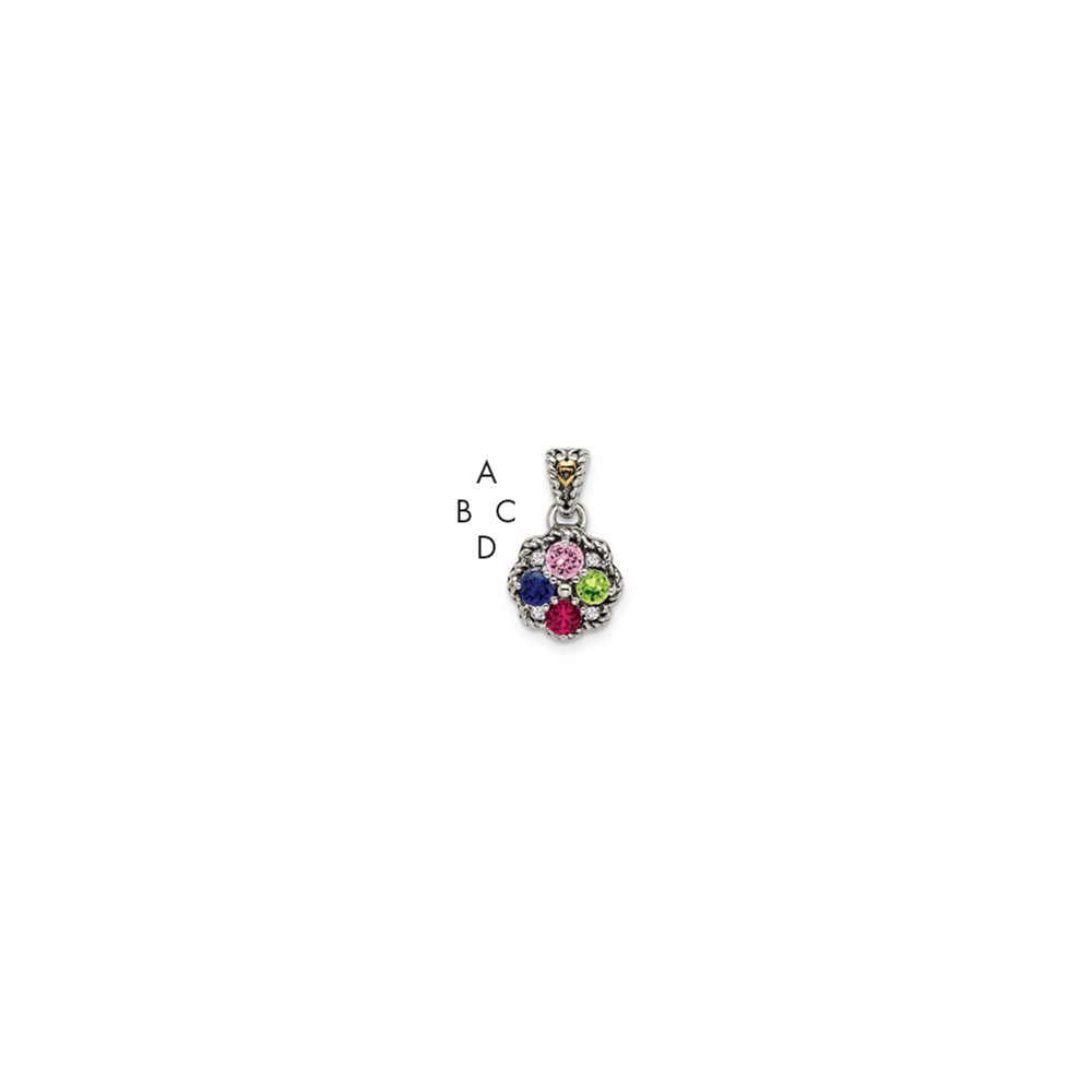 Sterling Silver Antiqued w/14k 4-stone w/Diamond Mother's Pendant - 7