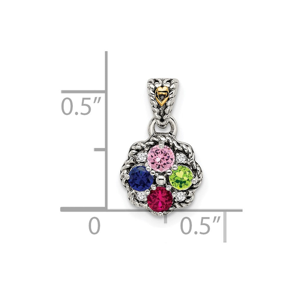 Sterling Silver Antiqued w/14k 4-stone w/Diamond Mother's Pendant - 7
