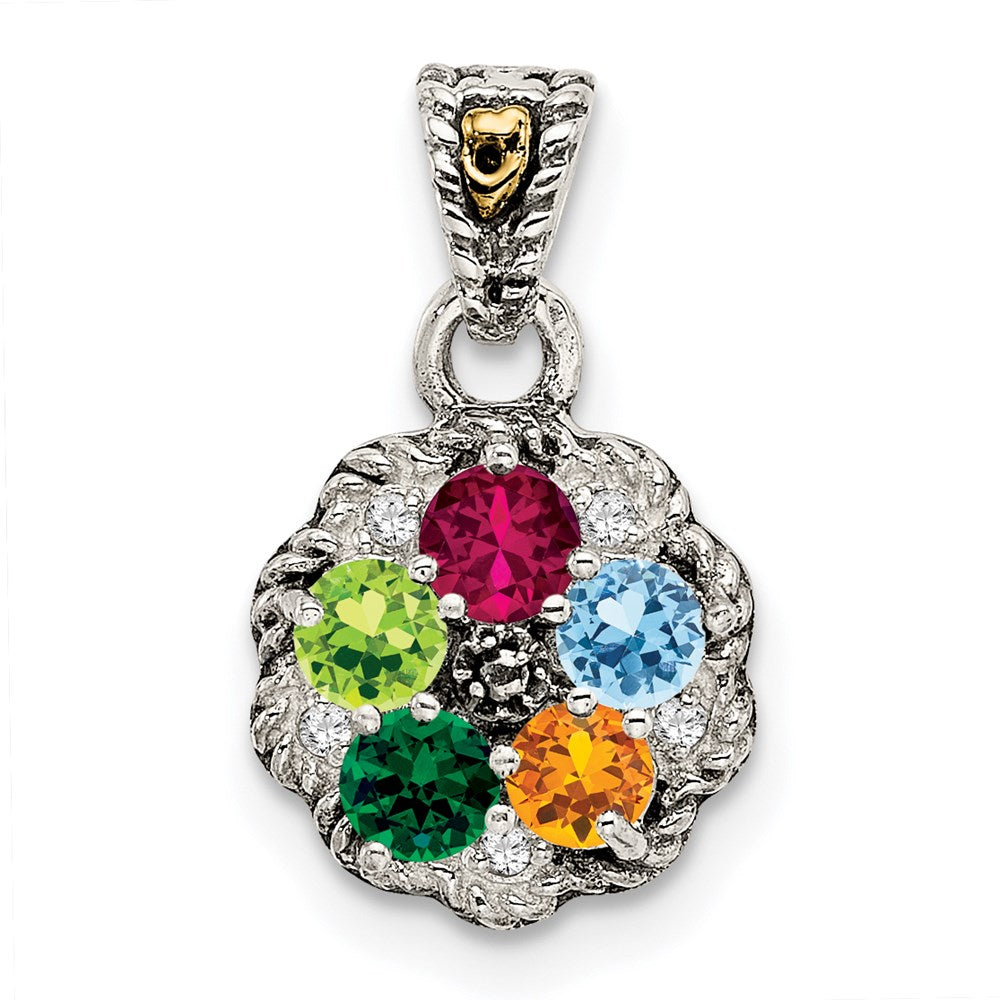 Sterling Silver Antiqued w/14k 5-stone w/Diamond Mother's Pendant - 3