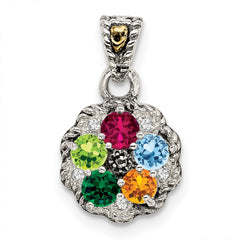 Sterling Silver Antiqued w/14k 5-stone w/Diamond Mother's Pendant - 3