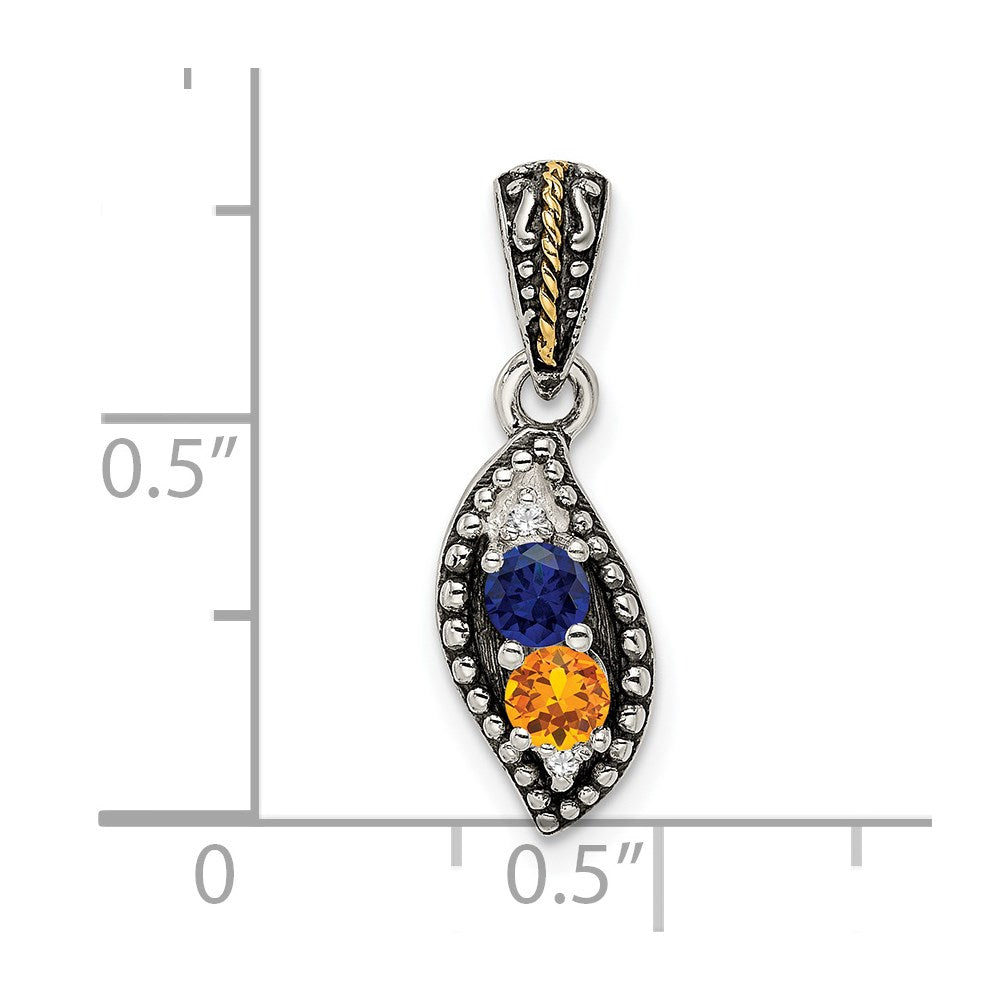 Sterling Silver Antiqued w/14k 2-stone w/Diamond Mother's Pendant - 3