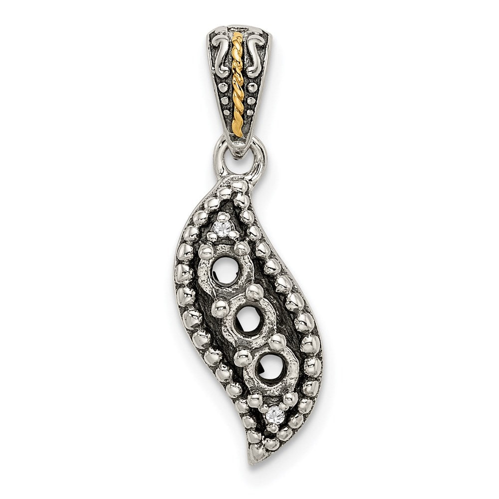 Sterling Silver Antique w/14k 3-stone w/Diamond Family Pendant w/18in Chain