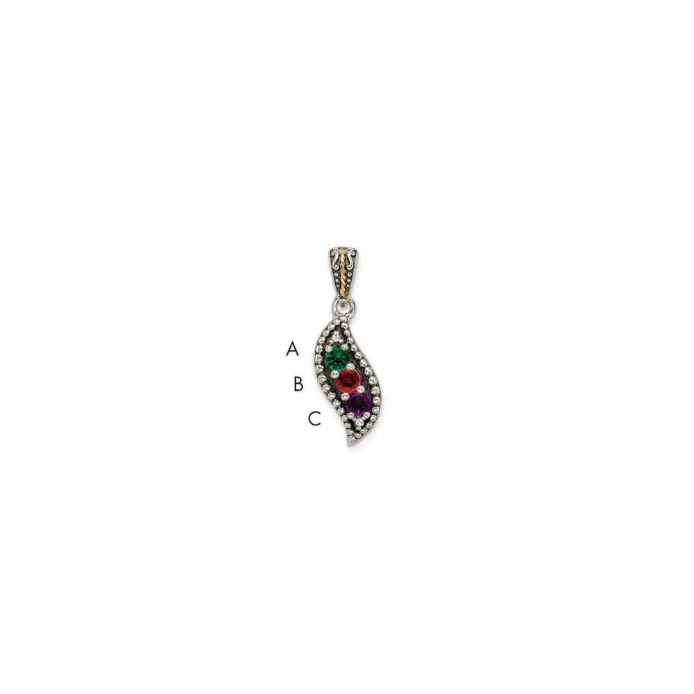Sterling Silver Antique w/14k 3-stone w/Diamond Family Pendant w/18in Chain