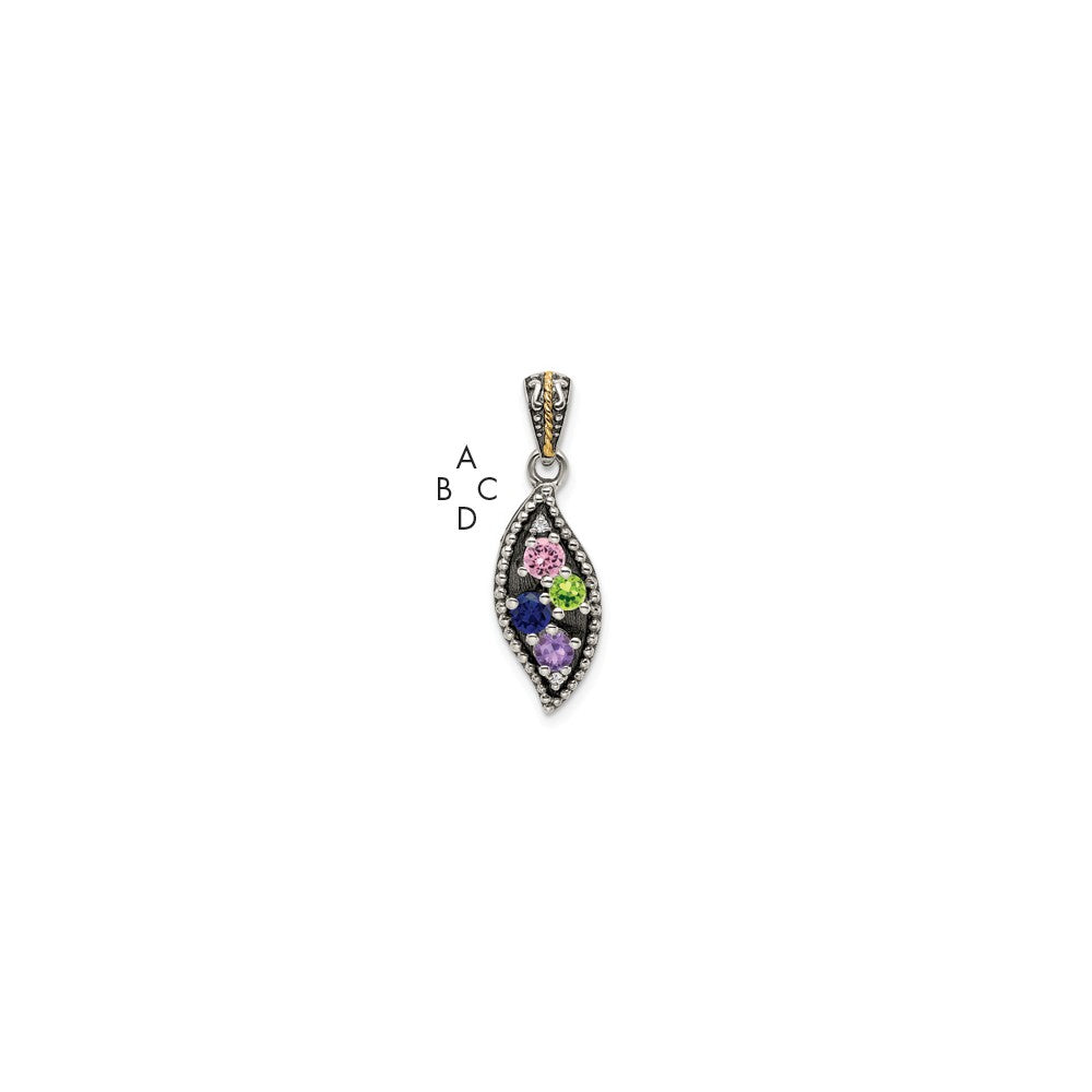 Sterling Silver Antiqued w/14k 4-stone w/Diamond Mother's Pendant - 11