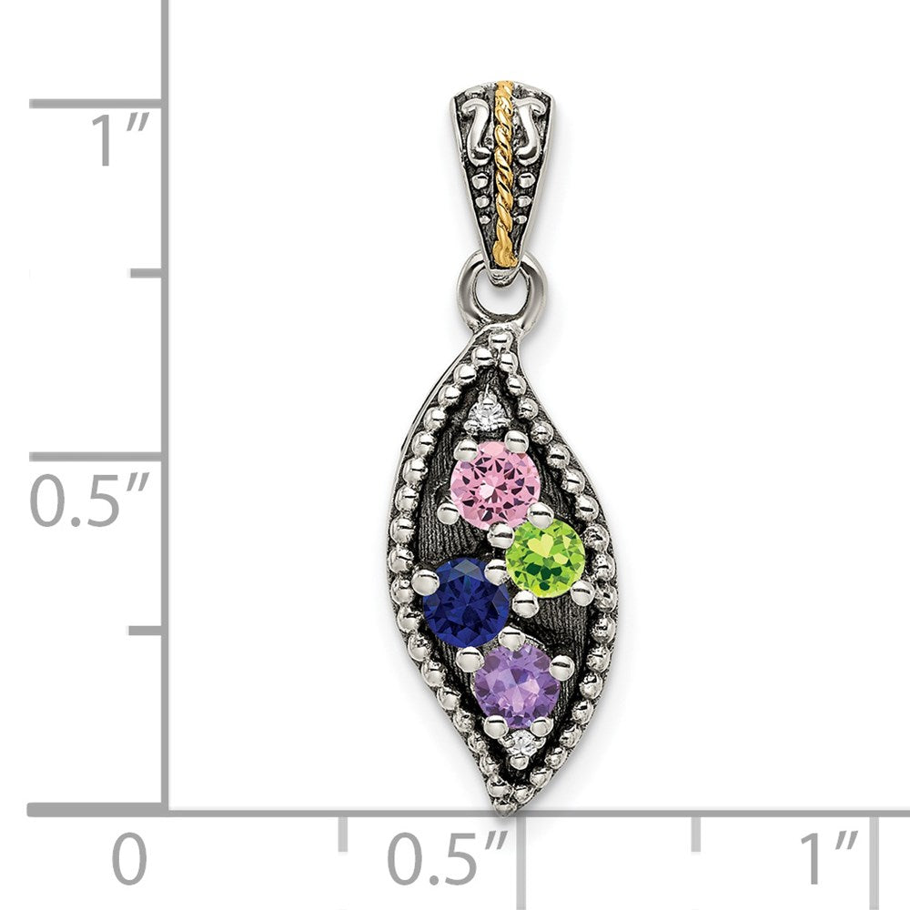 Sterling Silver Antiqued w/14k 4-stone w/Diamond Mother's Pendant - 11