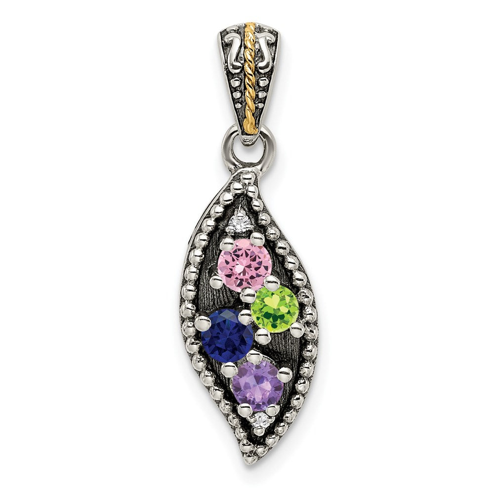 Sterling Silver Antiqued w/14k 4-stone w/Diamond Mother's Pendant - 11