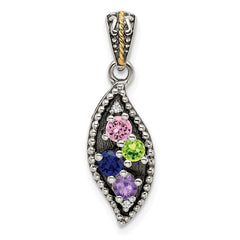 Sterling Silver Antiqued w/14k 4-stone w/Diamond Mother's Pendant - 11