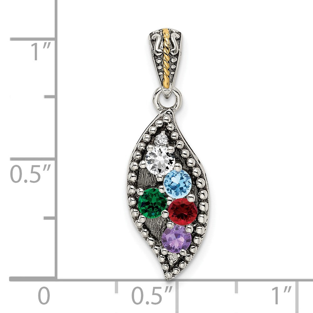 Sterling Silver Antiqued w/14k 5-stone w/Diamond Mother's Pendant - 6