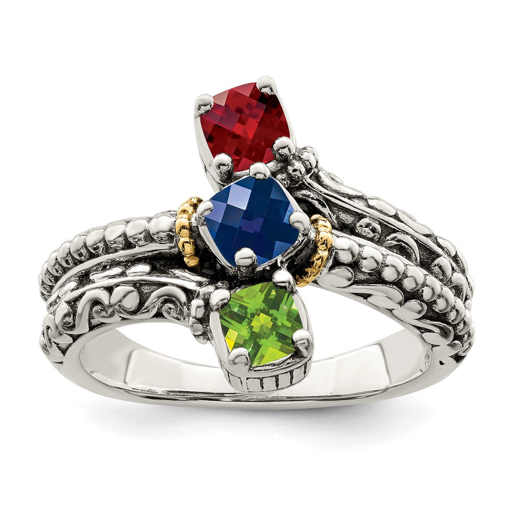 Sterling Silver Antiqued w/14k 3-stone Mother's Ring - 30