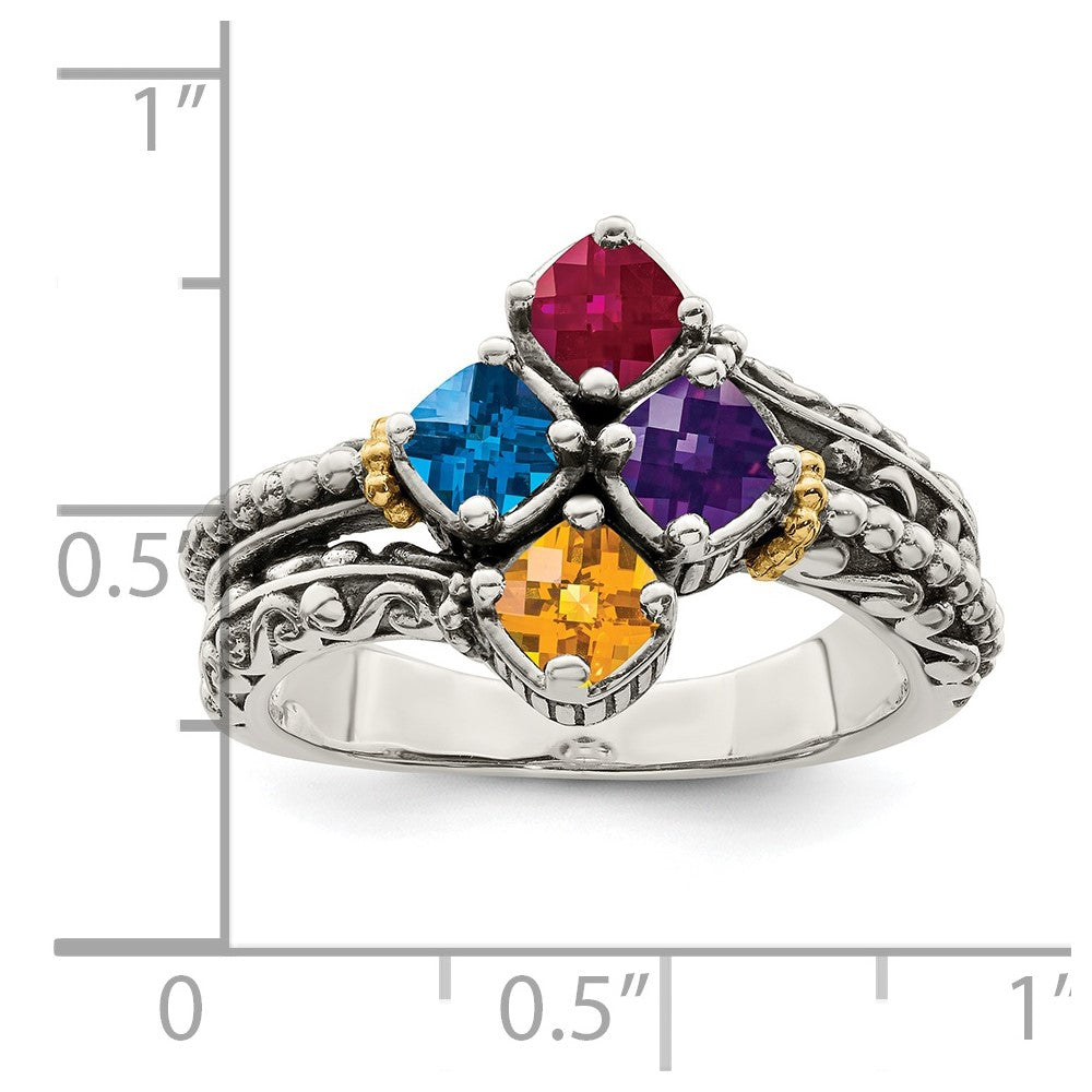Sterling Silver Antiqued w/14k 4-stone Mother's Ring - 30