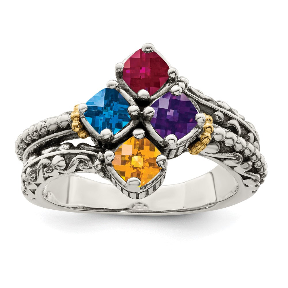 Sterling Silver Antiqued w/14k 4-stone Mother's Ring - 30