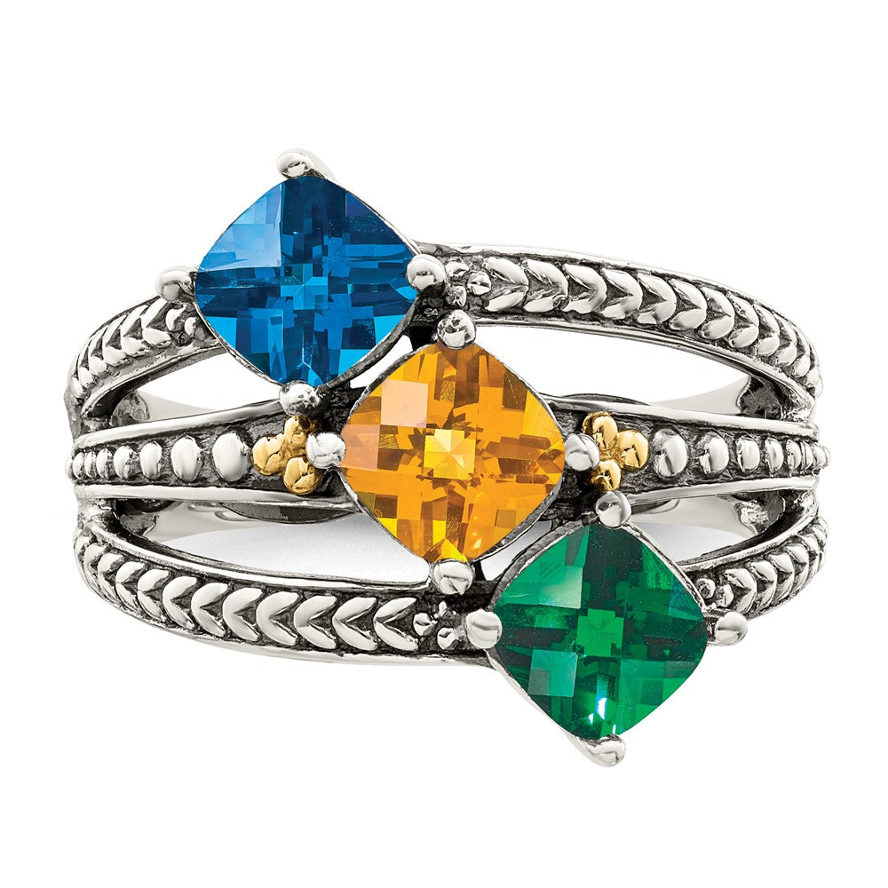 Sterling Silver Antiqued w/14k 3-stone Mother's Ring - 34