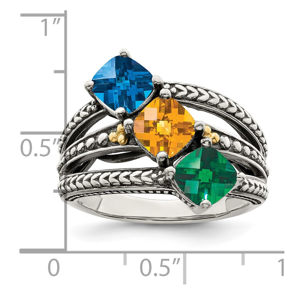 Sterling Silver Antiqued w/14k 3-stone Mother's Ring - 34